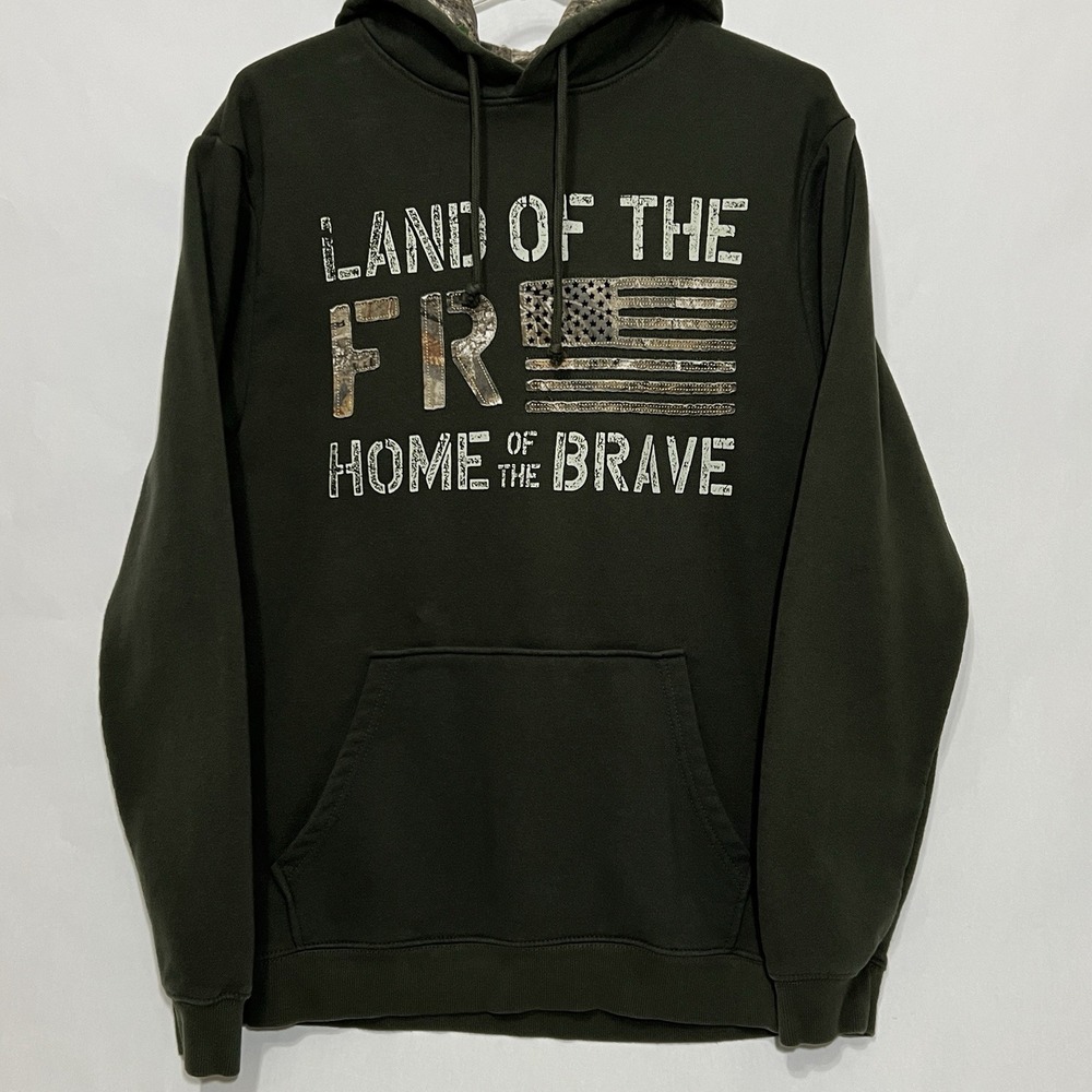 Buck Wear Camo Pullover Fleece Men Medium Hoodie Land Of The Free Sweatshirt